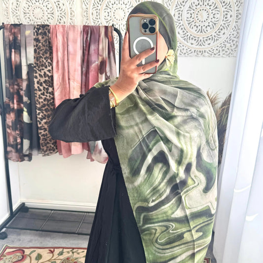 Water coloured Modal Printed Marble Olive Hijab